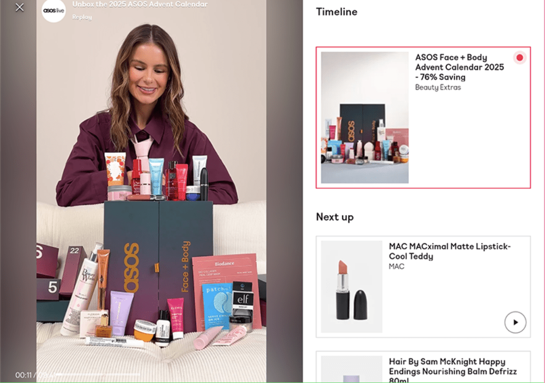 Image of a woman revealing products and seeing the products on the right.