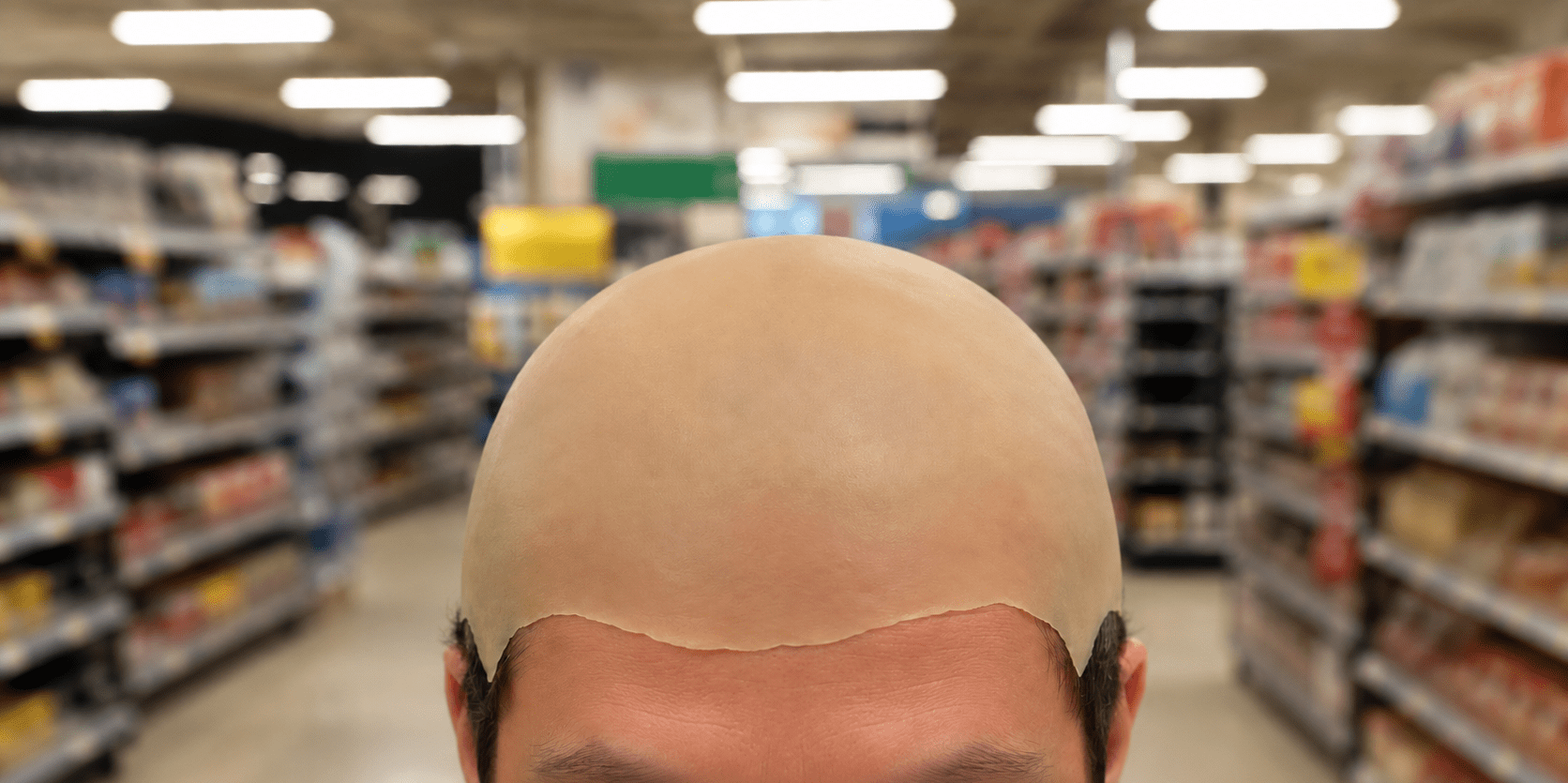 A man wearing a bald cap in a supermarket.